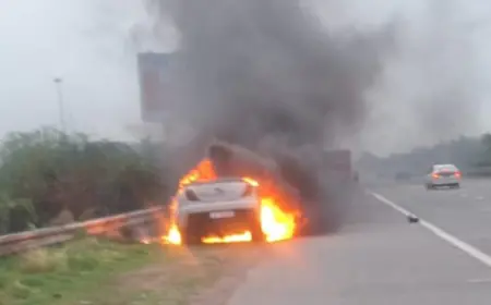 Greater Noida News : यमुना एक्सप्रेसवे पर चलती हुई जैगुआर कार में लगी आग, चार लोगों ने कूदकर बचाई जान